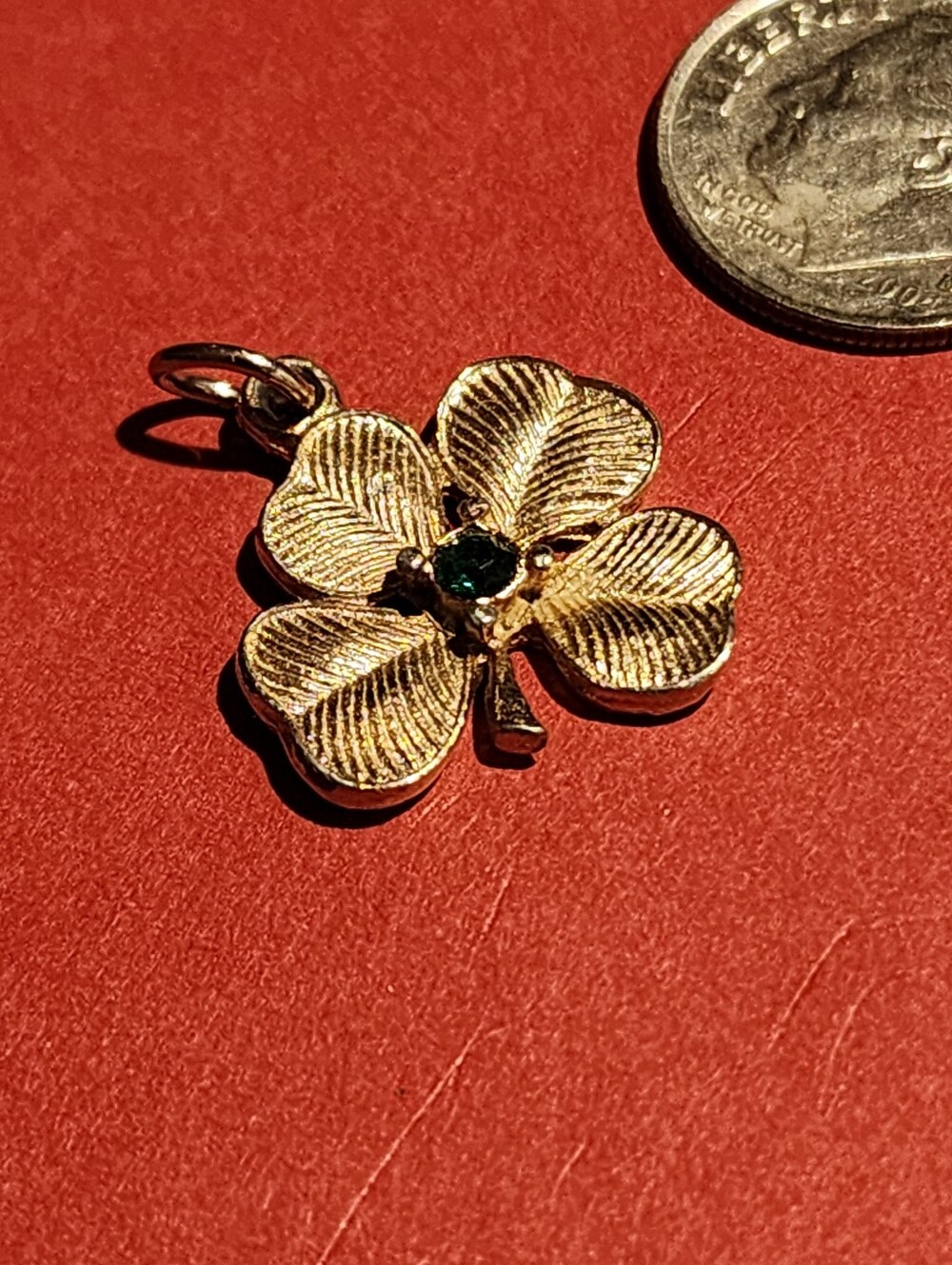 Vintage Gold Tone Four Leaf Clover Shamrock Charm Green Rhinestone Pendant